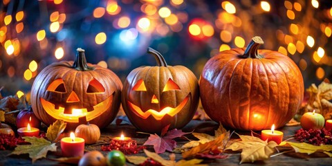 Fototapeta premium Illuminated Jack-o'-Lanterns shine through the night, surrounded by vivid autumn leaves and twinkling bokeh lights,