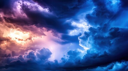 Obraz premium A stormy sky filled with ominous, dark clouds and bright streaks of lightning cutting across the horizon, creating a dramatic and electrifying atmosphere.