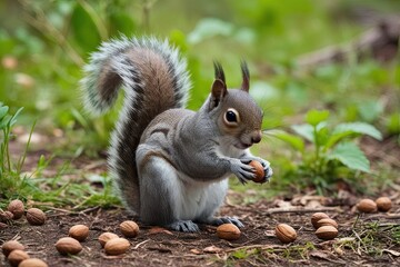 Obraz premium Adorable Squirrel foraging for Nuts on White Background in Natural Habitat