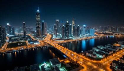 Obraz premium Vibrant cityscape at night illuminated by bright lights and reflections on the water