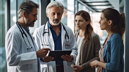 Doctor Discussing Diagnosis with Patients in a Hospital Corridor