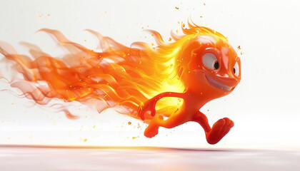 3d cartoon little cute flame kid character, running fast, smoke and fire, white background copy space