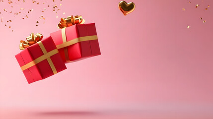 Two red gift boxes with golden ribbon and bow floating in the air with a golden heart shape on a pink background.