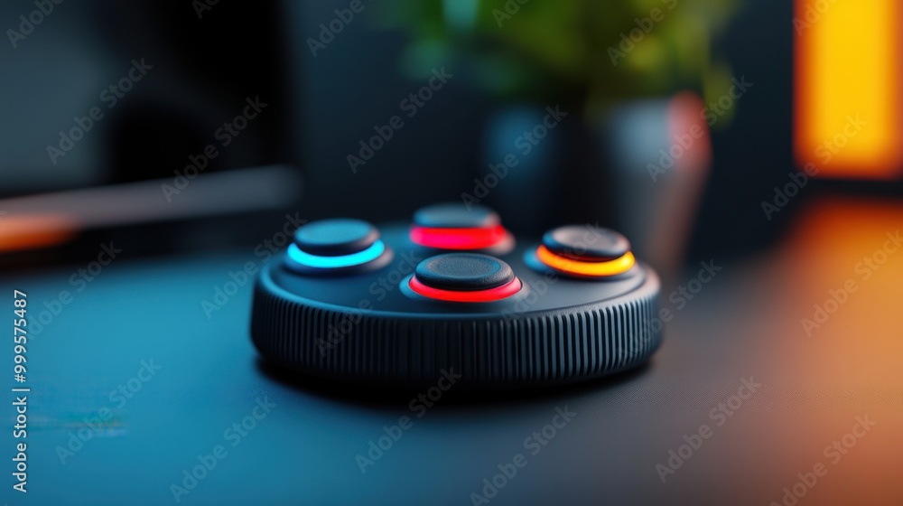 Poster media control device with colorful buttons
