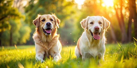 In a sunny park, two lively Labradors and Golden Retrievers race across the bright green grass, reveling in