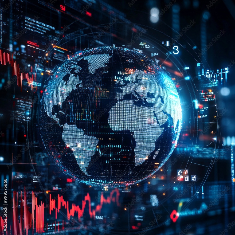 Poster a digital globe surrounded by data visuals and charts. this image represents global connectivity and
