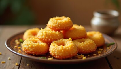 Delicious golden donuts on a plate