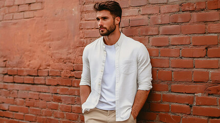 Obraz premium Handsome man in a white shirt and khaki pants leaning against a brick wall.