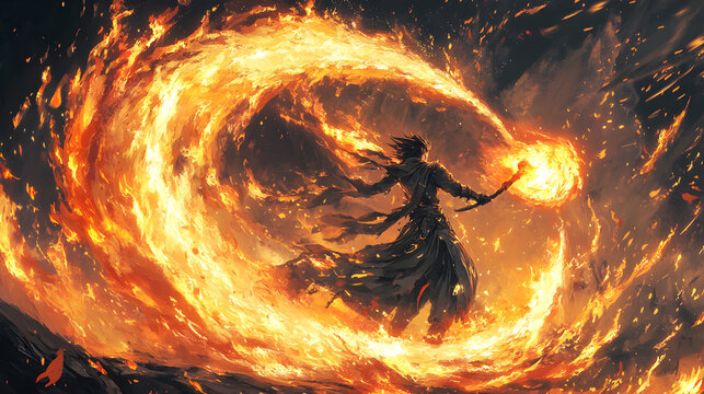 A powerful anime mage casting a massive fire spell with flames swirling around them