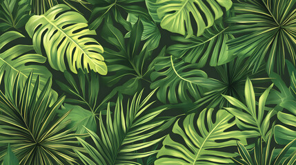 A seamless pattern of tropical leaves and plants in vibrant green shades