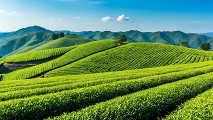 lush tea fields endless rows of vibrant green background, ideas for travel magazine images