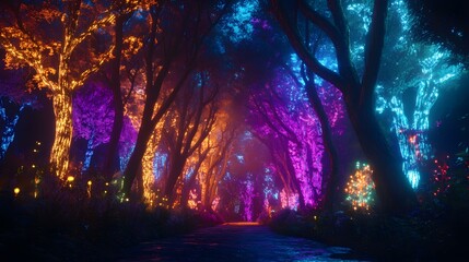 Fototapeta premium An enchanted forest illuminated by trees emitting bright neon lights, with the glowing colors casting an ethereal glow over the scene, symbolizing an otherworldly exploration of imagination. 