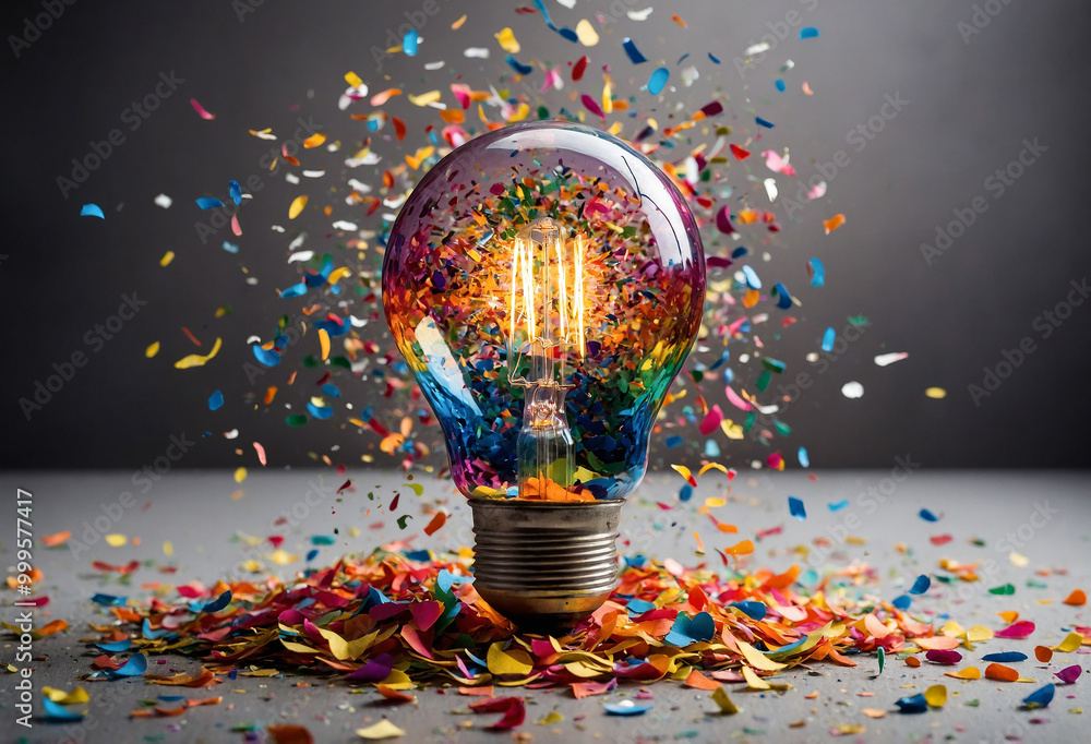 Poster light bulb exploding into colorful confetti, symbolizing a burst of creative ideas