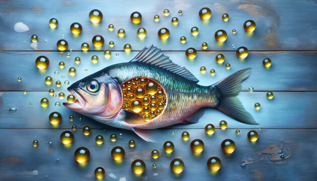 Omega-3 Fisch&ouml;l Kapseln auf Hintergrund, Fisch mit Kapseln auf blauem Holzhintergrund