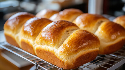 Freshly baked bread rolls cooling on a wire rack in a kitchen, showcasing golden crusts and fluffy interiors during the morning