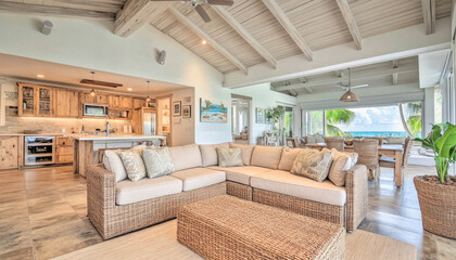 Modern open concept living room with rattan sofa and tropical plants