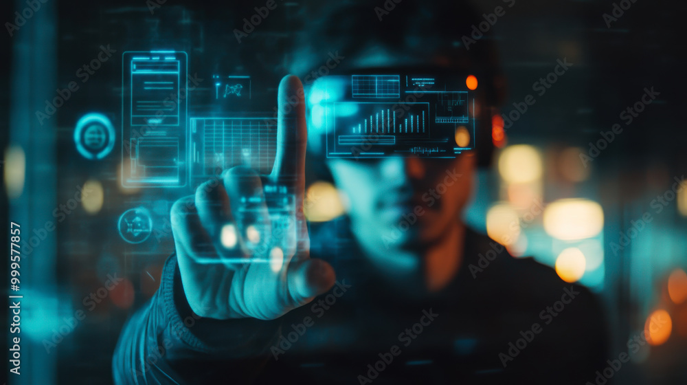 Poster a man interacts with virtual reality technology in a dimly lit room displaying digital graphics and 