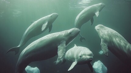 Fototapeta premium A pod of five white beluga whales swim in a turquoise ocean with icebergs in the background.