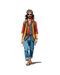 Detailed flat vector people and illustration, man with hippie outfit