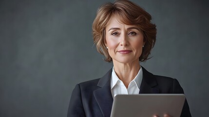 Portrait of elegant middle aged caucasian woman wearing business attire holding laptop, while having online video call, standing isolated over grey background. 