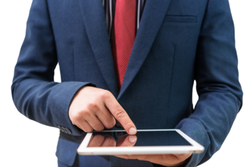 Businessman using digital tablet isolated on transparent background