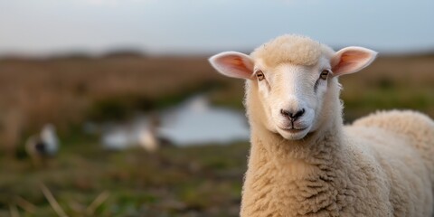 Fototapeta premium A close-up photograph of a Romney sheep standing near a wetland area in the Romney Marsh