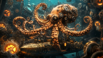 Fototapeta premium Generative AI, Clockwork Octopus Clutches a Brass Submarine in a Steampunk Underwater World