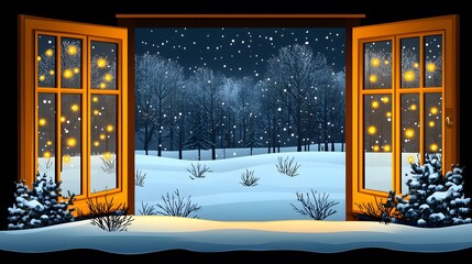 Frosty window with a view of a snowy landscape and holiday lights glowing outside, cartoon vector style
