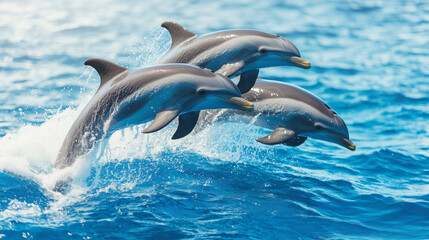 Fototapeta premium Playful Dolphins Jumping in Crystal Blue Ocean