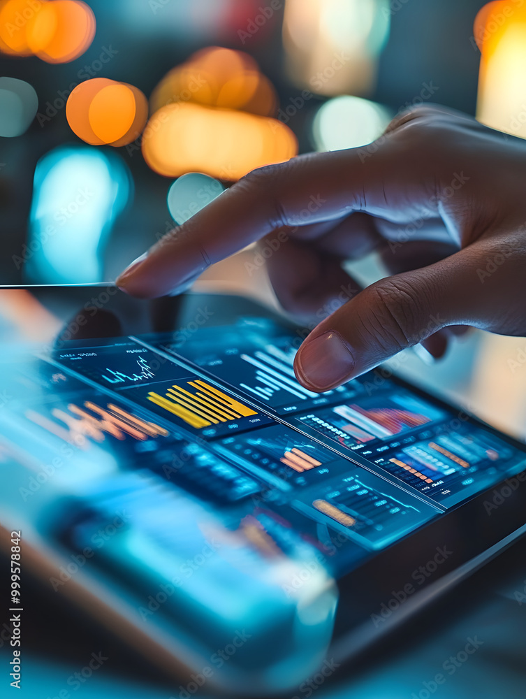 Poster a person's hands interact with a tablet displaying financial graphs, indicating a professional setti