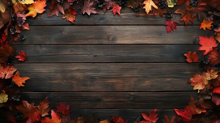 Obraz premium Autumn leaves scattered on a textured wooden surface