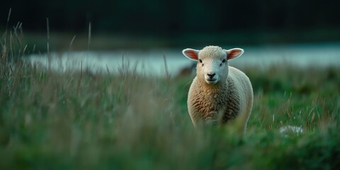 A close-up photograph of a Romney sheep standing near a wetland area in the Romney Marsh