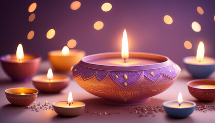 Diwali festival display featuring diya lamps and soft pastel color decorations for a festive look.
