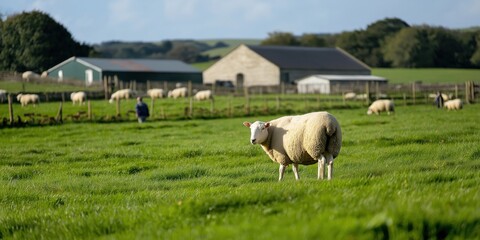 Obraz premium Romney sheep grazing in a field in the Cumbrian uplands, sharing the space with native wildlife