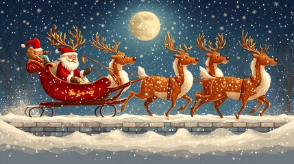 Reindeer pulling Santa's sleigh across a snowy rooftop under the moonlight, cartoon vector style