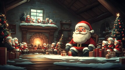 A festive Santa Claus doll surrounded by gifts and a Christmas tree, perfect for holiday decoration and celebration.