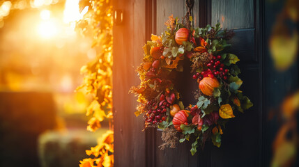 A vibrant autumn wreath adorned with pumpkins and berries hanging on a wooden door during a golden sunset in a serene garden
