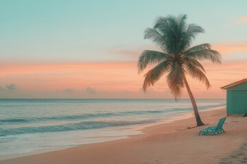 Obraz premium Serene sandy beach at sunset with soft pastel colors in the sky