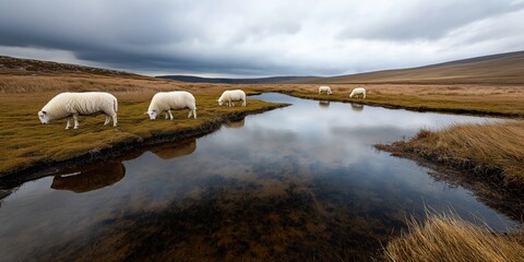 A serene photograph of Romney sheep grazing on a restored peatland in the Cumbrian uplands, where efforts to revive natural habitats are visible
