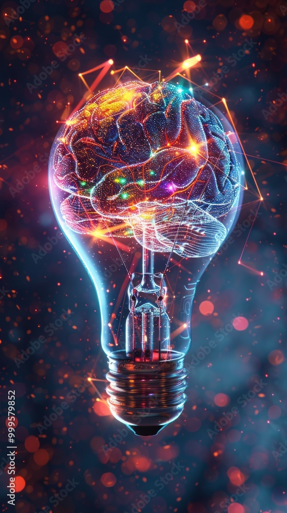 Poster a colorful glowing light bulb filled with intricate brain patterns and vibrant energy in a dark ambi