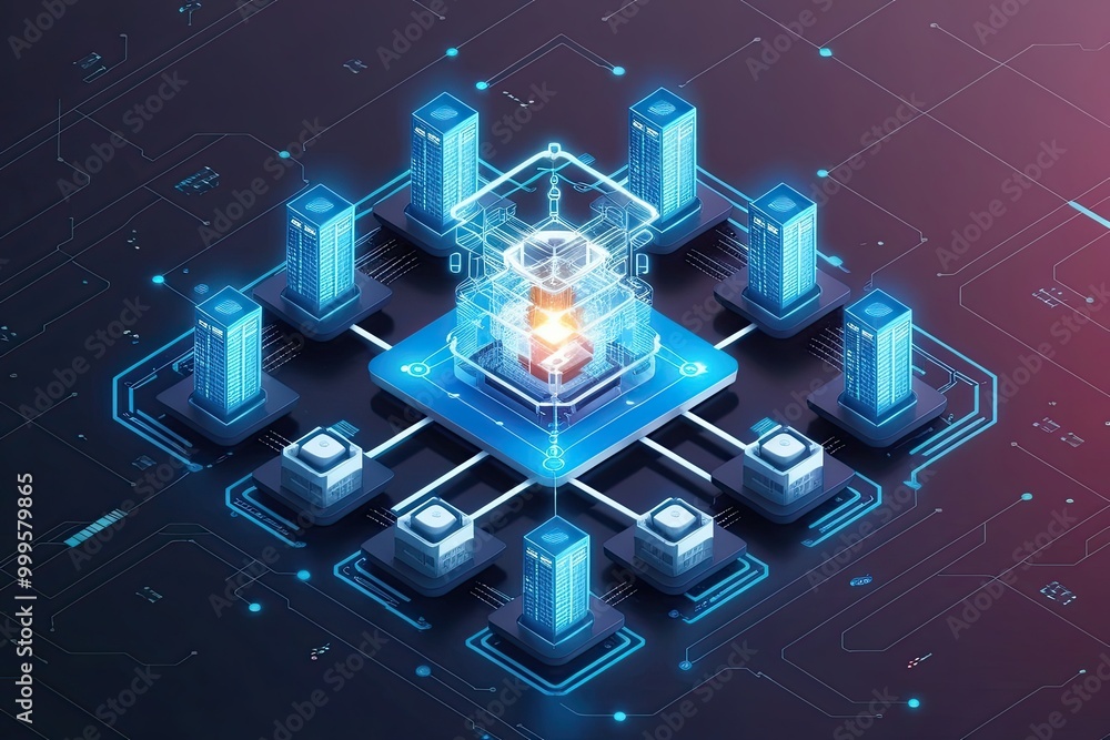 Poster isometric 3d visualization of advanced data centers and cyber connectivity solutions