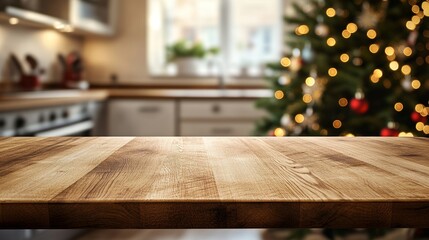 Fototapeta premium Wooden tabletop with cutting board and blurred kitchen with Christmas tree. Background for display or montage your products.