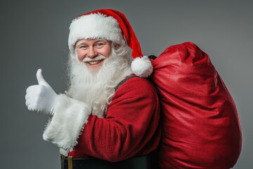 Santa Claus with a red bag on his back giving a thumbs-up gesture