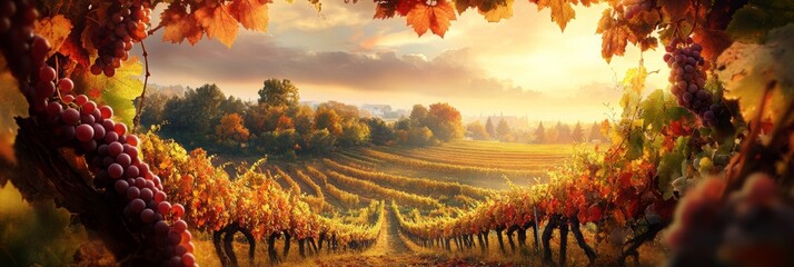 Autumn Vineyard Harvest, ripe grapes hanging on vine, blurred rolling hills in background, warm golden hues of fall foliage