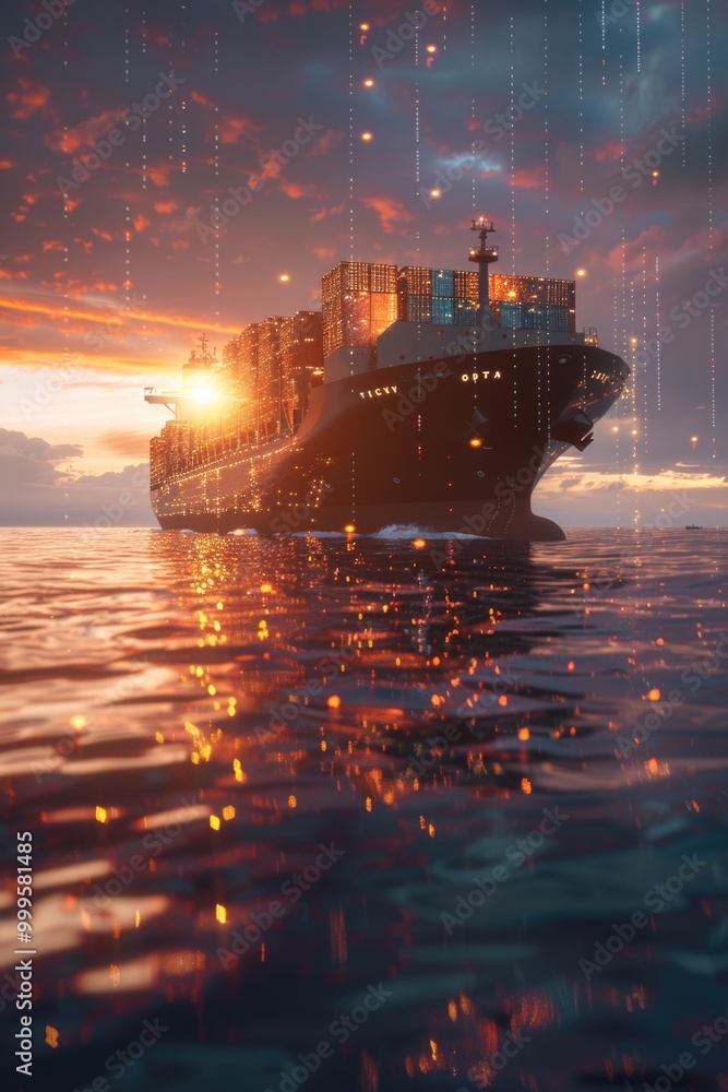 Poster a large cargo ship sailing through the open ocean, perfect for use as a backdrop or prop in images a
