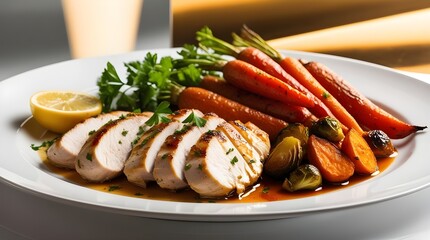 A delicious plate of chicken, carrots, and potatoes, ideal for showcasing in menus and culinary presentations.