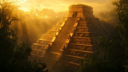 Generative AI, Sacred Aztec Pyramid in the Jungle with Golden Stone Carvings