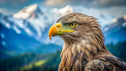 Obraz premium An eagle perches confidently on a rocky outcrop, its sharp eyes focused, with stunning snow-capped mountains and blue skies in the background