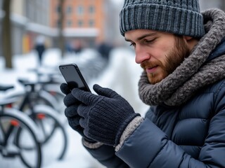 Urban winter scene. Bearded man in warm clothing checks smartphone. Gray knit hat, dark jacket, scarf. Blurred bicycles in background. Cold day in city. Modern technology use outdoors.	