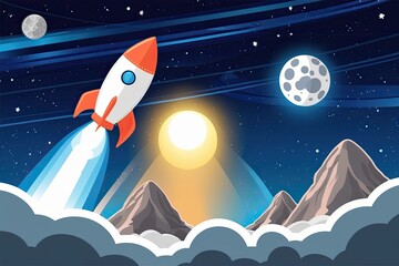 Naklejka premium Galactic Voyager Artwork Vector Design of Rocket Launching to Moon in Vibrant Space Background